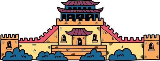 Old architectural buildings in Chinese or Japanese style Hand drawn in line style. vector