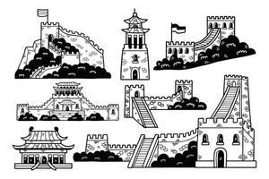 Illustration of Chinese buildings and the Great Wall Hand drawn in line style. vector