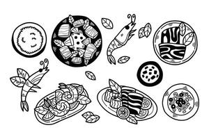 A black and white drawing of a variety of foods, including shrimp, fish vector