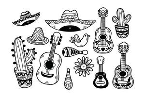 collection of various musical instruments and hats, including a guitar vector