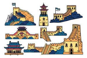 Illustration of Chinese buildings and the Great Wall Hand drawn in line style. vector