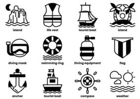 The image is a collection of various water-related icons, including a boat vector