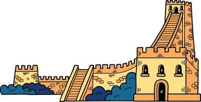 Illustration of Chinese buildings and the Great Wall Hand drawn in line style. vector