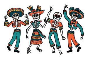 A skeleton dressed in a sombrero and pants is dancing vector