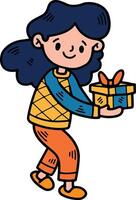 child with gift box Hand drawn illustrations in line art style vector