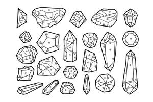 Hand drawn illustrations of rocks and minerals in line art style. vector