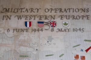 WWII war history sign at American Cemetery at Normandy area. photo