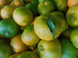 Pile of fresh tangerine fruit on market shelf photo