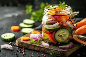 un crudo dieta con Fresco pepino, pimientos, cebollas y zanahorias en un frasco. vegano comida concepto, fermentado vegetales foto