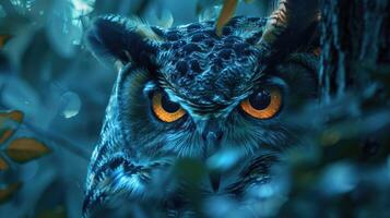 A mysterious owl camouflaged among the leaves, its intense orange eyes piercing through the foliage photo