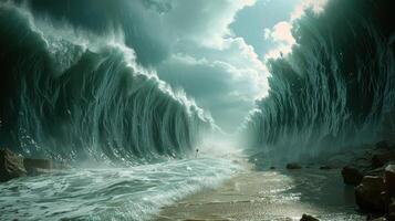 Ocean separate up to form canal. Bible miracle of Moses parting red sea for passage photo