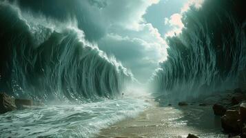 Ocean separate up to form canal. Bible miracle of Moses parting red sea for passage photo