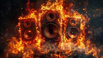 Speakers surrounded by fire, burning speaker on a dark background. photo