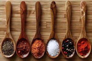 Spices in wooden spoons on rustic background photo