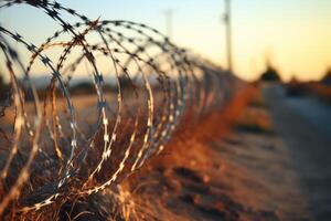 Barbed and razor wire fence. Fencing the state border against immigration photo