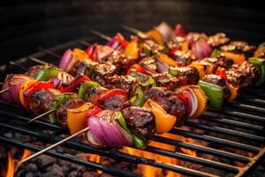 Skewers of meat on the grill with onions and peppers. photo