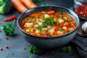 Spicy vegetable soup with in a bowl. Cauliflower, broccoli, carrots. photo