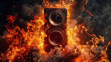 Speakers surrounded by fire, burning speaker on a dark background. photo