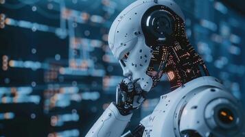 Robot analyzing data on multiple screens photo
