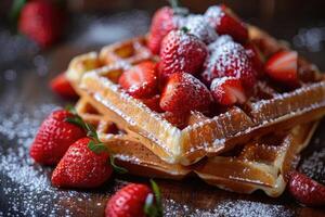 Waffles with strawberries sprinkled with sugar powder. photo