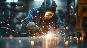 Industrial welder with torch in the factory photo