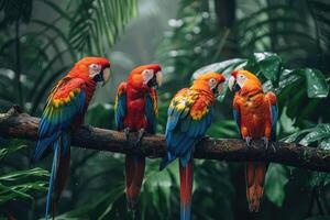 tropical aves sentado en un árbol rama en el selva. vistoso escarlata guacamayo loros foto