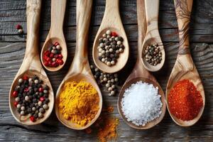 Spices in wooden spoons on rustic background photo