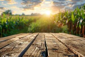 Rustic wooden table surface with a scenic view of sun rising above a lush green maize field in the background photo