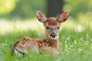 Adorable fawn resting in green meadow photo