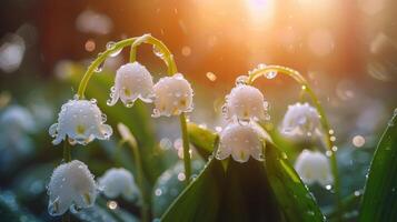 White lily of the valley flowers. Convallaria majalis forest flowering plant with raindrops. photo