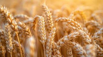 Wheat field. Ears of golden wheat closeup. Harvest concept. photo