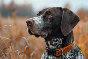 Hunting dog in tall grass. German Shorthaired Pointer. photo