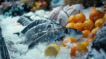 Fresh fish on ice at a seafood market stall photo