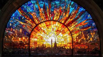 Stunning stained glass window of historical scene photo