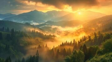 Mountain landscape with forested hills with fog in the valley at sunrise. Breathtaking natural scenery photo