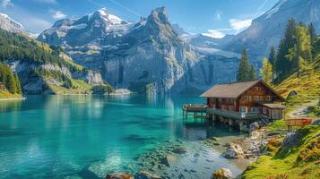 Alpine house by lake with lush greenery and mountains photo