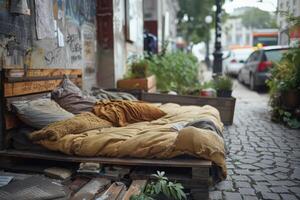 Homeless person living place with ragged discarded old broken bed with an dirty mattress and bedding. photo