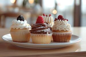 Assorted cupcakes on a plate with toppings photo