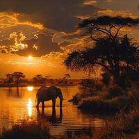 Majestic African elephant standing by the water against an orange sunset in the savannah photo