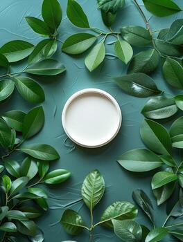 Minimalistic image displaying a cream empty plate surrounded by various green leaves on a teal background photo
