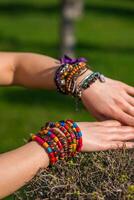 Fashion shot of a beautiful boho style girl on nature background. Boho, hippie. photo