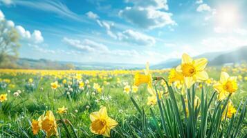 Beautiful panoramic spring nature background with daffodil flowers photo