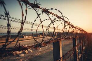 Barbed and razor wire fence. Fencing the state border against immigration photo