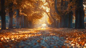 Tree lined pathway leading into a autumn colored park photo