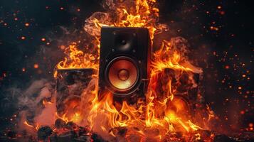 Speakers surrounded by fire, burning speaker on a dark background. photo