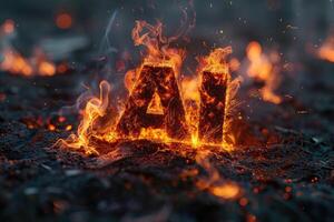 Fiery letters AI blazing on black backdrop photo
