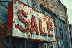 Rusty vintage sale sign in a desolate area photo