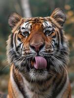 de cerca de majestuoso Tigre cara con lengua paliza foto