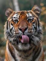 Close-up of majestic tiger face with tongue licking photo