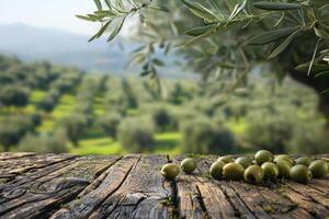 Empty old wooden table for product display with natural green olive field and green olives photo